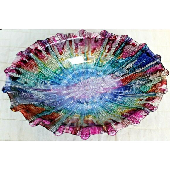 Metallic Rainbow Art Glass Bowl Serving Display Scalloped Shell Oval Texture - Picture 3 of 9
